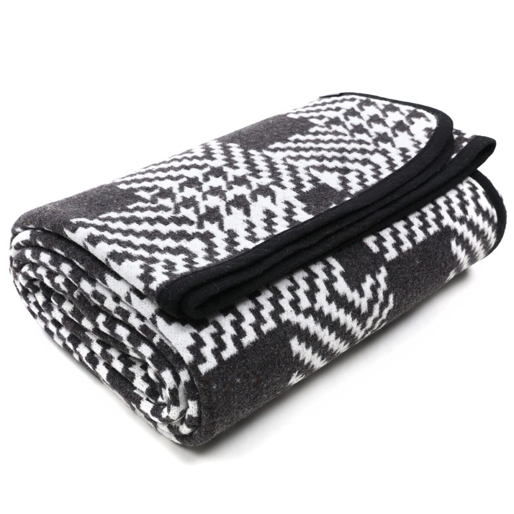 PuTian Merino Wool Blanket - 63 x 51 Thick Warm Soft Twin Bed Throw - Great for Camping, Outdoors, Travel, Car, Couch, All Seasons Houndstooth Black