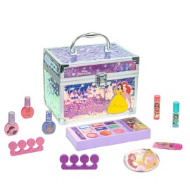 Disney Princess Train Case Beauty Set, Kids Makeup Kit for Girls, Real Washable Makeup Set, Play Makeup, Party Favor, Birthday, Ages 3 4 5 6 7 8 9 10 11 12 by Townley Girl
