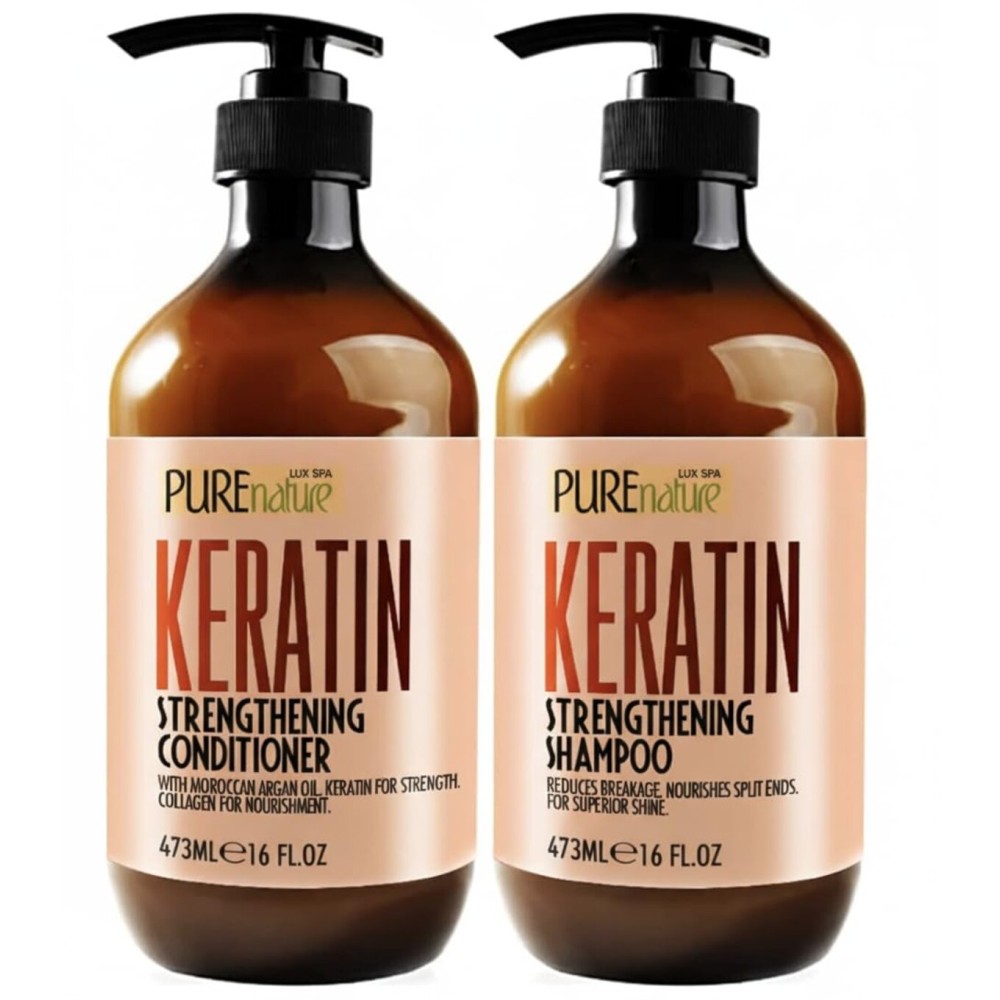 Keratin Shampoo and Conditioner Set - Sulfate and Paraben Free Treatment for Dry Hair - Anti Frizz, Collagen Enriched Formula for Curly or Damaged Hair - Safe for Men and Women with Color Treated Hair