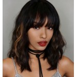 WAVE&BREEZE Black Mixed Brown Highlights Wigs for Black Women Short Wavy Curly Wig With Bangs Natural Looking Synthetic Hair Wigs Heat Resistant Fiber Wig for Daily Party