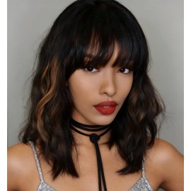 WAVE&BREEZE Black Mixed Brown Highlights Wigs for Black Women Short Wavy Curly Wig With Bangs Natural Looking Synthetic Hair Wigs Heat Resistant Fiber Wig for Daily Party