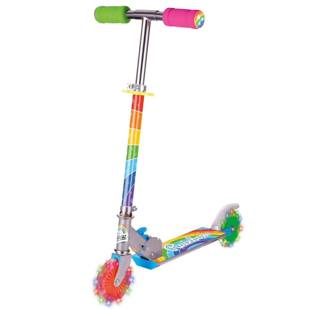 Ozbozz Rainbow Folding Scooter with Light-Up Wheels, Adjustable Height, Rear Brake, for Kids Ages 5 and Up - Portable Design