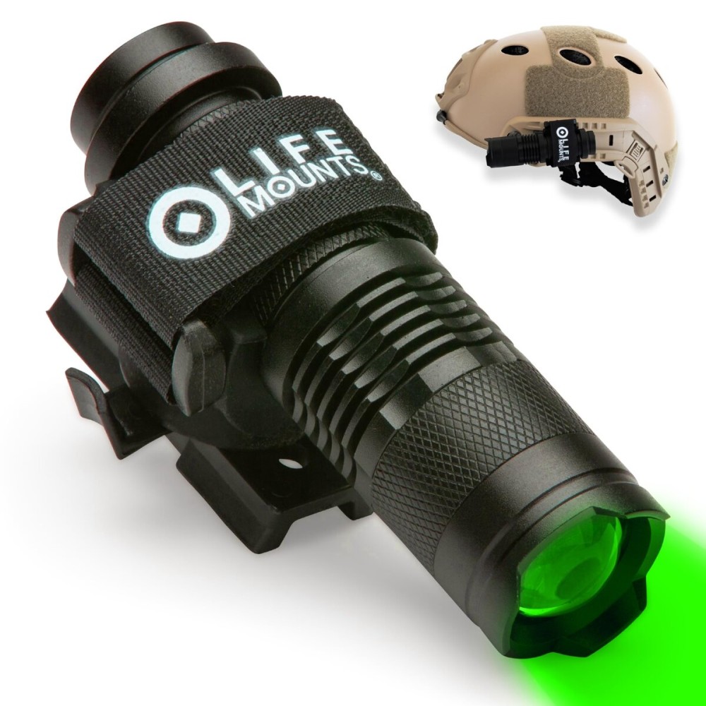 Life Mounts Tactical Helmet Flashlight Mount - 3.5 x 1.5 in, Green LED - Hands-Free Lighting for Tactical Gear - Shockproof Durability for Military Gear - Quick-Detach for Fast Helmet Light Mount