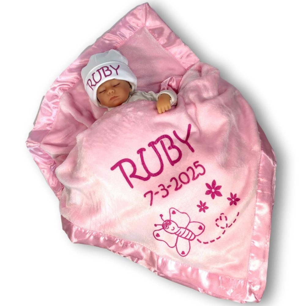 Custom Catch Personalized Girl Pink Baby Blanket Gift with Flower, Ladybug, Bee or Butterfly