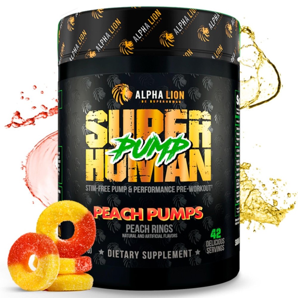 ALPHA LION Superhuman Pump Pre Workout Powder, Nootropic Caffeine & Stim Free Preworkout Supplement, Nitric Oxide Booster, Muscle Gainer, Energy & Focus (42 Servings, Peach Pumps Flavor)