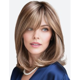 Ombre Strawberry Blonde with Blonde Highlights Short Bob Wig with Bangs for White Women Shoulder Length Layered Straight Bob Synthetic Wigs with Dark Roots Natural Looking Daily Party Wig(14 Inch)