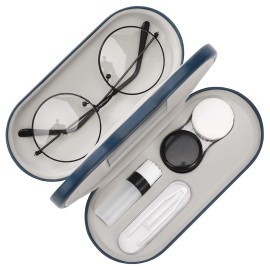 MoKo Double Eyeglass Case, Contact Lens Case with Mirror Tweezers Remover, 2 in 1 Double Sided Portable Contact Lens Box Holder Container Soak Storage Kit Sunglasses Pouch for Men & Women, Blue