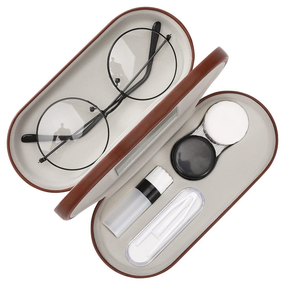 MoKo Double Eyeglass Case, Contact Lens Case with Mirror Tweezers Remover, 2 in 1 Double Sided Portable Contact Lens Box Holder Container Soak Storage Kit Sunglasses Pouch for Men & Women, Brown