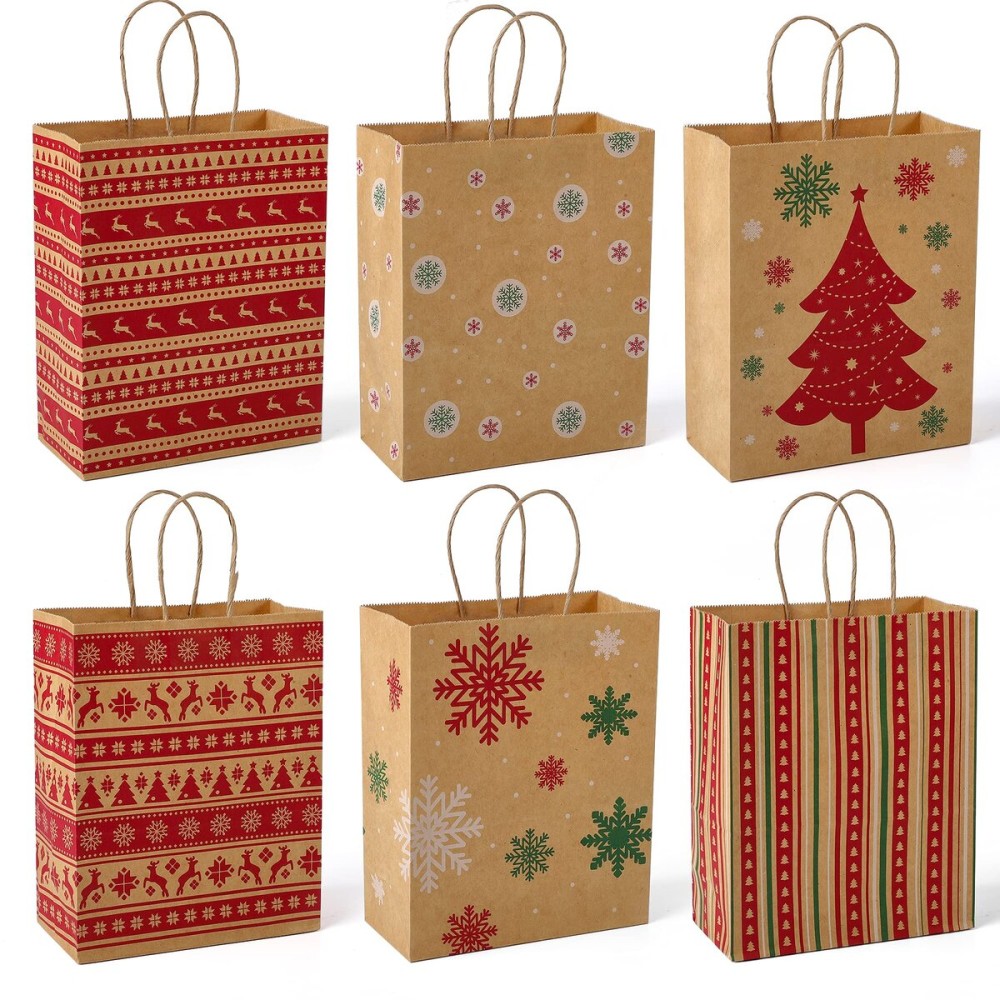 MESHA Christmas Gift bags 24Pcs 8.6x7x3.3\'\' Kraft Paper Bags with Handles Bulk for Gifts Holiday Xmas Goodie, Party Favors, Candy, Treat