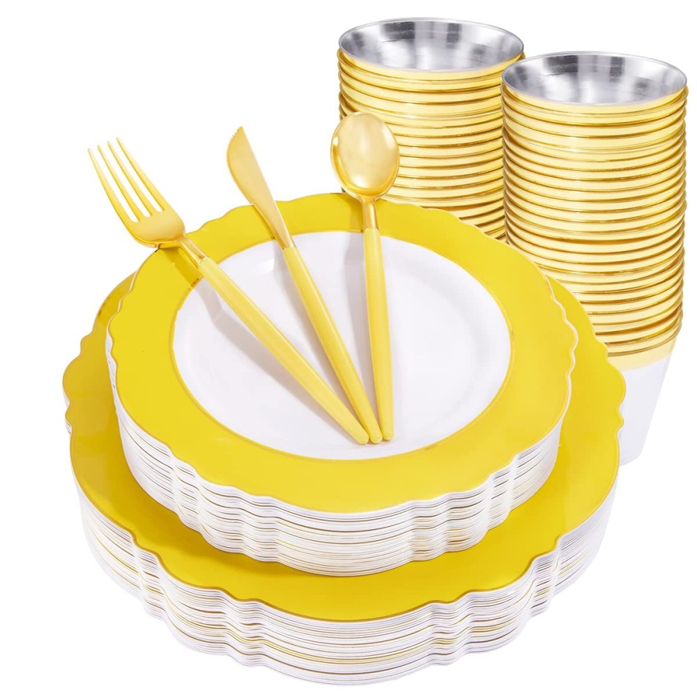 WDF 150pieces Yellow Disposable Dinnerware Hign-end Baroque Design - Sturdy&Durable Baroque Yellow Sunshine&Gold Plastic Dinnerware for Upscale Wedding & Thanksgiving Parties