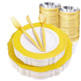 WDF 150pieces Yellow Disposable Dinnerware Hign-end Baroque Design - Sturdy&Durable Baroque Yellow Sunshine&Gold Plastic Dinnerware for Upscale Wedding & Thanksgiving Parties