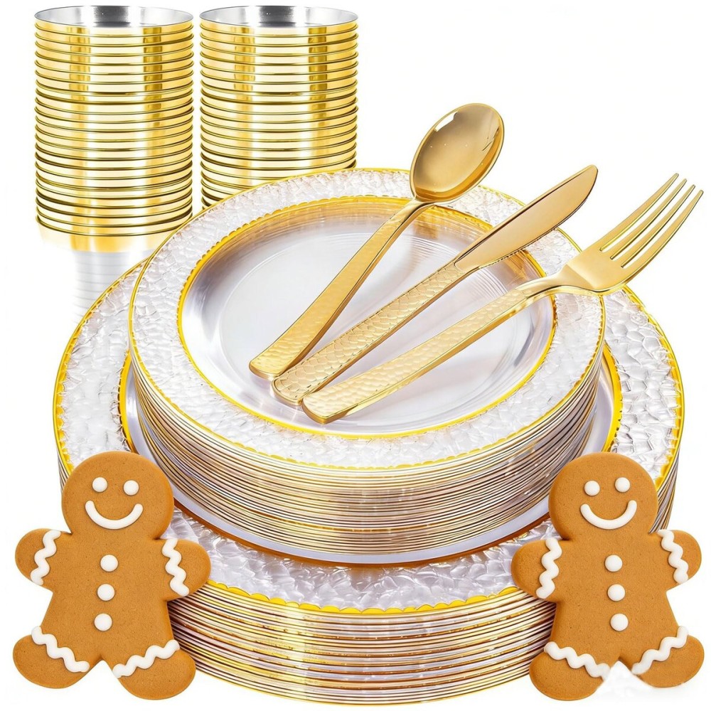 Ciaell 150PCS Clear Gold Plastic Plates - Disposable Gold Rim Plates include 25Dinner Plate, 25Dessert Plate, 25Forks, 25Knives, 25Spoons, 25Cups for Wedding & Party & Christmas & New Year