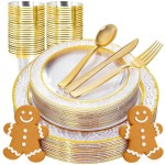 Ciaell 150PCS Clear Gold Plastic Plates - Disposable Gold Rim Plates include 25Dinner Plate, 25Dessert Plate, 25Forks, 25Knives, 25Spoons, 25Cups for Wedding & Party & Christmas & New Year