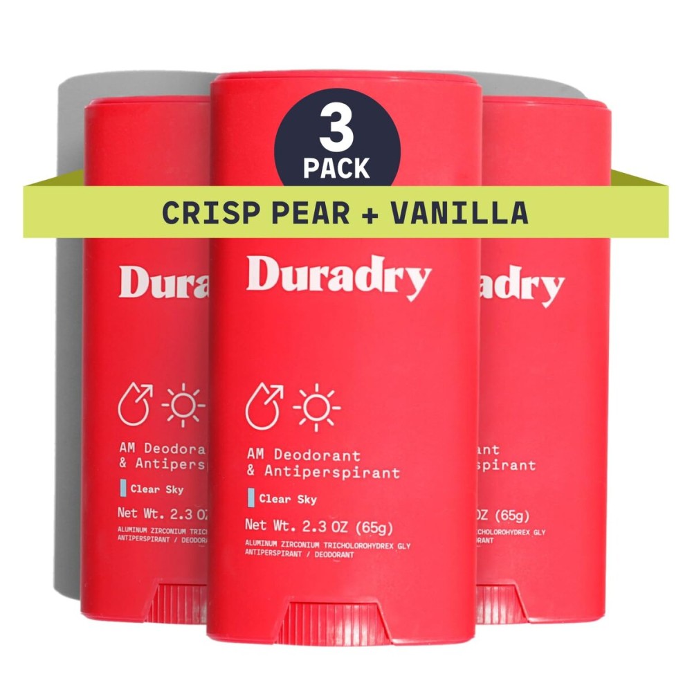 Duradry Clinical-Strength Antiperspirant for Women and Men - Clean formula with natural ingredients for armpit odor and excessive sweat protection -Clear Sky (Crisp Pear + Vanilla), 3-Pack.