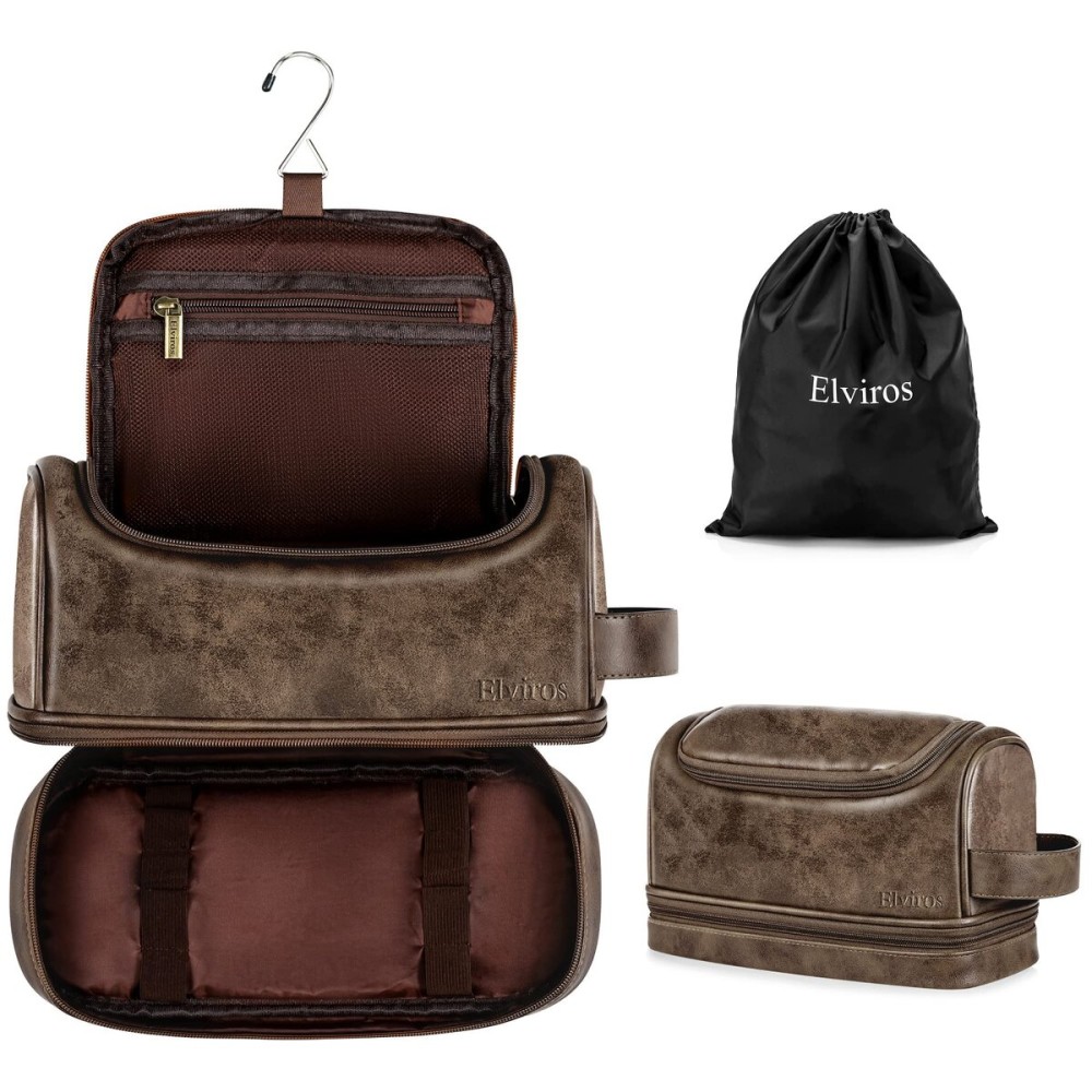 Elviros Toiletry Bag for Mens PU Leather Travel Organizer Kit with Hanging hook, Large Water-resistant Toiletries Bathroom Shaving Bags (Coffee)