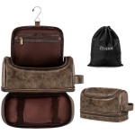 Elviros Toiletry Bag for Mens PU Leather Travel Organizer Kit with Hanging hook, Large Water-resistant Toiletries Bathroom Shaving Bags (Coffee)