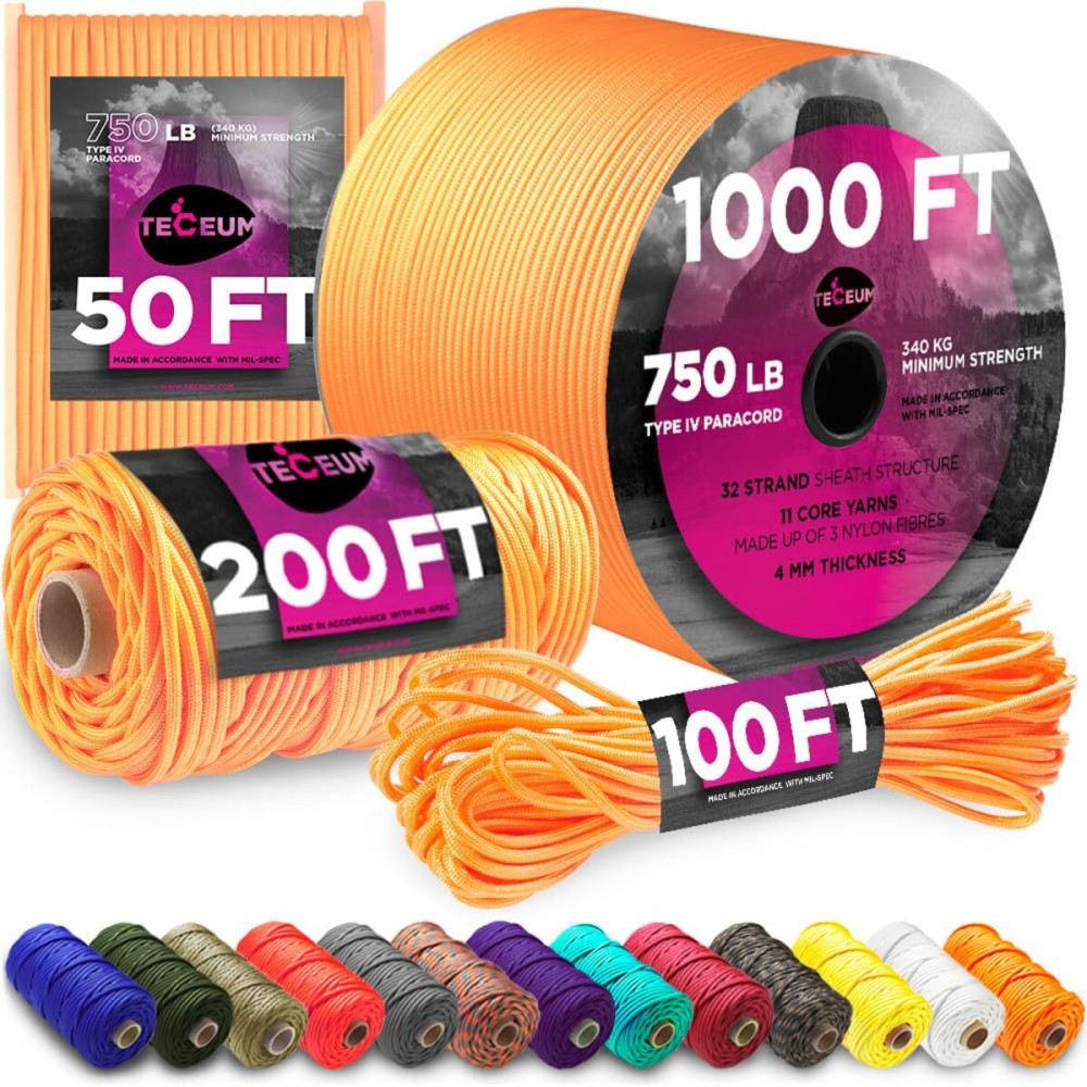 TECEUM Paracord Type IV 750 lb Apricot - 50 ft - 4mm - Nylon Strong Tactical MIL-SPEC Parachute Cord - Survival Rope Emergency para Cord 11 Strands Core EDC Camping Hiking Military Gear 085a