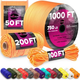 TECEUM Paracord Type IV 750 lb Apricot - 50 ft - 4mm - Nylon Strong Tactical MIL-SPEC Parachute Cord - Survival Rope Emergency para Cord 11 Strands Core EDC Camping Hiking Military Gear 085a