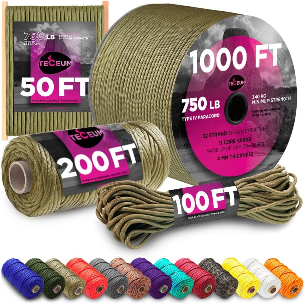 TECEUM Paracord Type IV 750 lb Coyote Brown - 50 ft - 4mm - Nylon Strong Tactical MIL-SPEC Parachute Cord - Survival Rope Emergency para Cord 11 Strands Core EDC Camping Hiking Military Gear 012a