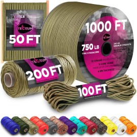 TECEUM Paracord Type IV 750 lb Coyote Brown - 50 ft - 4mm - Nylon Strong Tactical MIL-SPEC Parachute Cord - Survival Rope Emergency para Cord 11 Strands Core EDC Camping Hiking Military Gear 012a