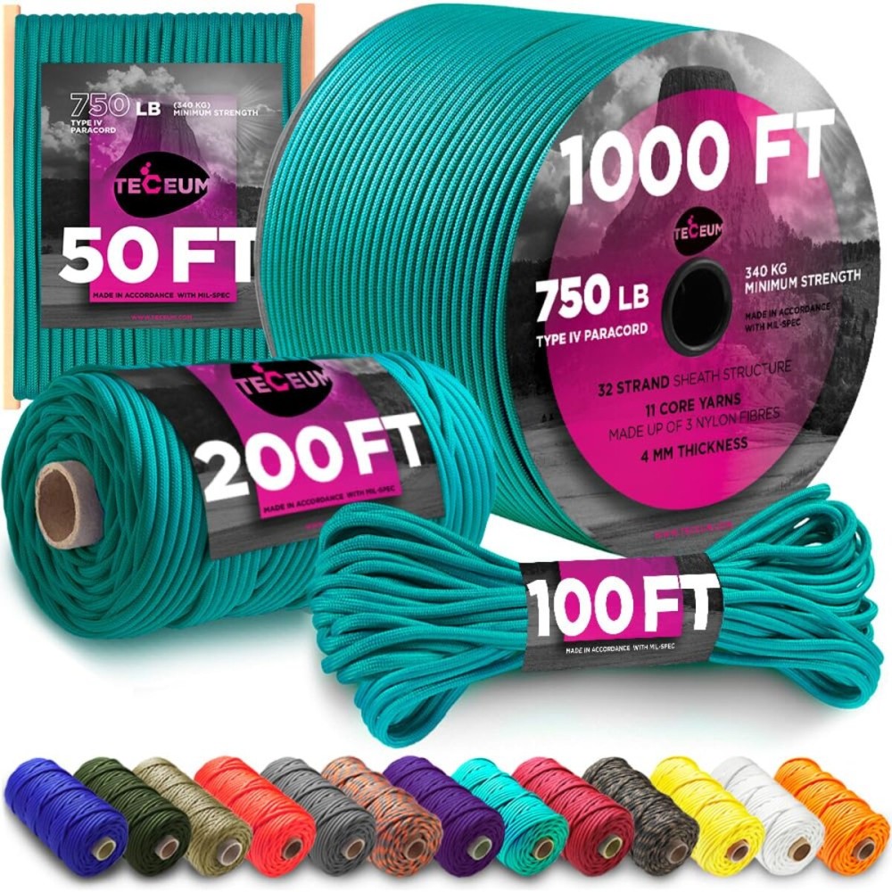 TECEUM Paracord Type IV 750 lb Green Wave - 50 ft - 4mm - 100% Nylon Strong Tactical MIL-SPEC Parachute Cord - Survival Rope Emergency para Cord 11 Strands Core EDC Camping Hiking Military Gear 460a