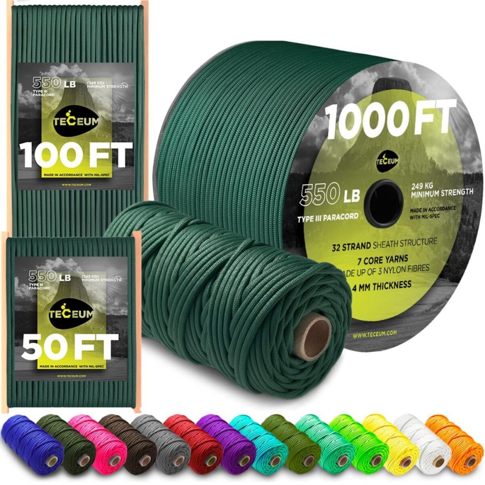 TECEUM Paracord Type III 550 Dark Emerald Green - 50 ft - 4mm - Tactical Rope MIL-SPEC - Outdoor para Cord -Camping Hiking Fishing Gear and Equipment - EDC Parachute Cord - Strong Survival Rope 022