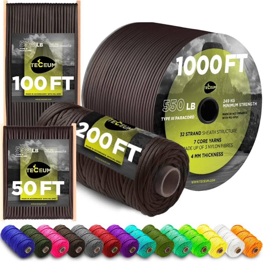 TECEUM Paracord Type III 550 Chocolate - 1000 ft - 4mm - Tactical Rope MIL-SPEC - Outdoor para Cord -Camping Hiking Fishing Gear and Equipment - EDC Parachute Cord - Strong Survival Rope 014