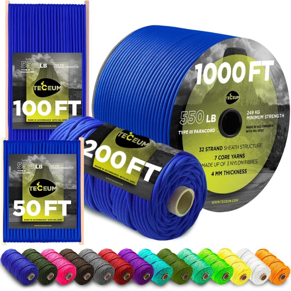 TECEUM Paracord Type III 550 Simple Blue - 1000 ft - 4mm - Tactical Rope MIL-SPEC - Outdoor para Cord -Camping Hiking Fishing Gear and Equipment - EDC Parachute Cord - Strong Survival Rope 001