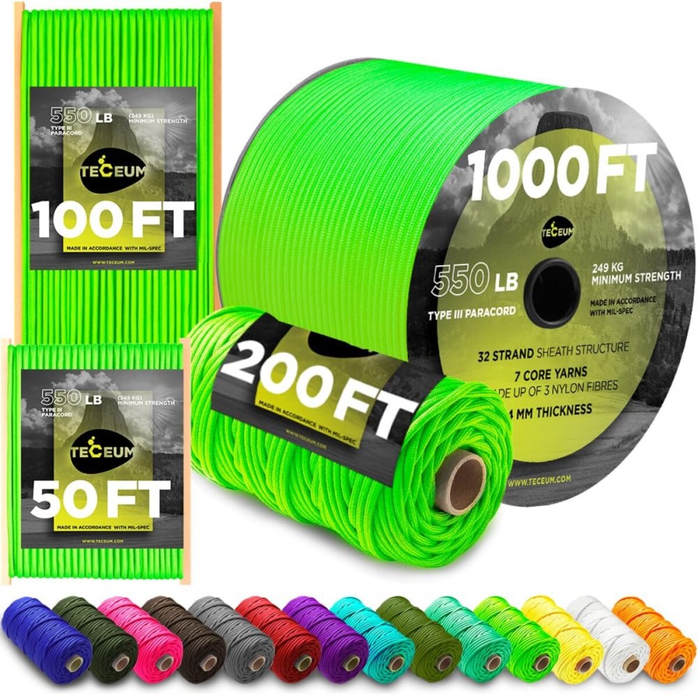 TECEUM Paracord Type III 550 Neon Green - 50 ft - 4mm - Tactical Rope MIL-SPEC - Outdoor para Cord -Camping Hiking Fishing Gear and Equipment - EDC Parachute Cord - Strong Survival Rope 462