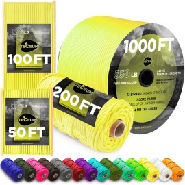 TECEUM Paracord Type III 550 Yellow - 1000 ft - 4mm - Tactical Rope MIL-SPEC - Outdoor para Cord -Camping Hiking Fishing Gear and Equipment - EDC Parachute Cord - Strong Survival Rope 019