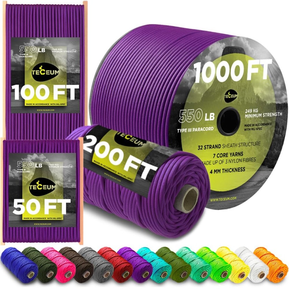 TECEUM Paracord Type III 550 Purple - 1000 ft - 4mm - Tactical Rope MIL-SPEC - Outdoor para Cord -Camping Hiking Fishing Gear and Equipment - EDC Parachute Cord - Strong Survival Rope 026