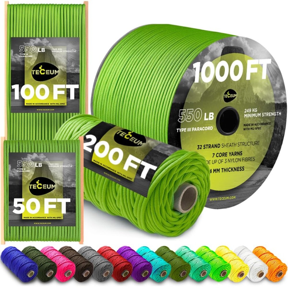 TECEUM Paracord Type III 550 Fluo Green - 1000 ft - 4mm - Tactical Rope MIL-SPEC - Outdoor para Cord -Camping Hiking Fishing Gear and Equipment - EDC Parachute Cord - Strong Survival Rope 017