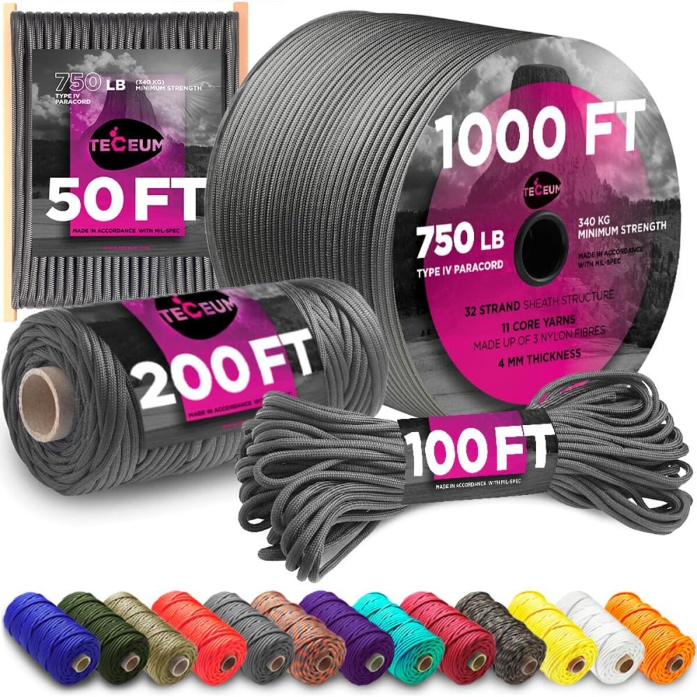 TECEUM Paracord Type IV 750 lb Dark Grey - 1000 ft - 4mm - Nylon Strong Tactical MIL-SPEC Parachute Cord - Survival Rope Emergency para Cord 11 Strands Core EDC Camping Hiking Military Gear 030a