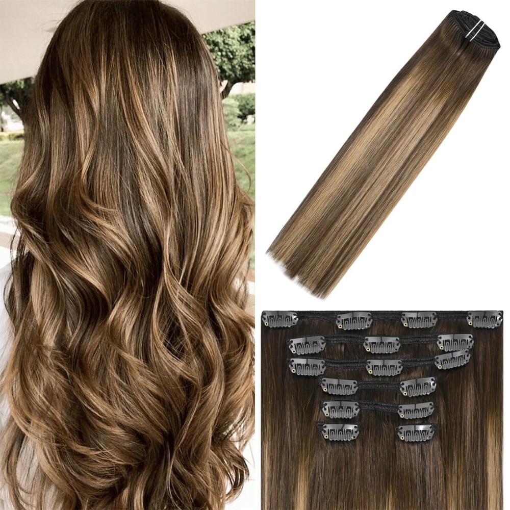 WindTouch Clip In Hair Extensions Human Hair Balayage Chocolate Brown To Dark Blonde Ombre Highlights for Brown Hair 18Inch 75g 4T27P4 7PCS