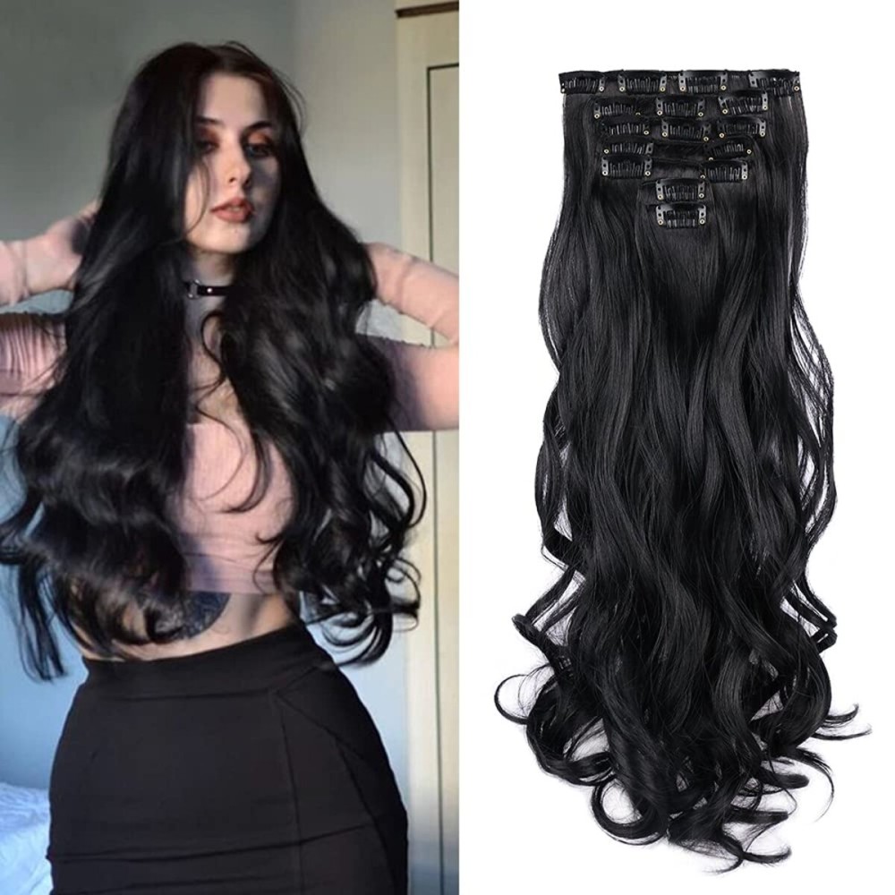 22 Inch Clip In Hair Extensions 7 PCS Long Wavy Synthetic Black Hair Extension & Natural Soft Invisible Clip Thick Hairpieces for Women Daily(20Inch, 7pcs, Black)