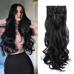 22 Inch Clip In Hair Extensions 7 PCS Long Wavy Synthetic Black Hair Extension & Natural Soft Invisible Clip Thick Hairpieces for Women Daily(20Inch, 7pcs, Black)