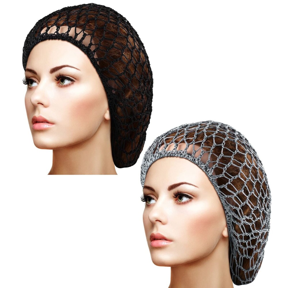 Waydress 2 Pieces Mesh Hair Net Rayon Knit Snood Women Crocheted Sleep Cap (Black, Gray)
