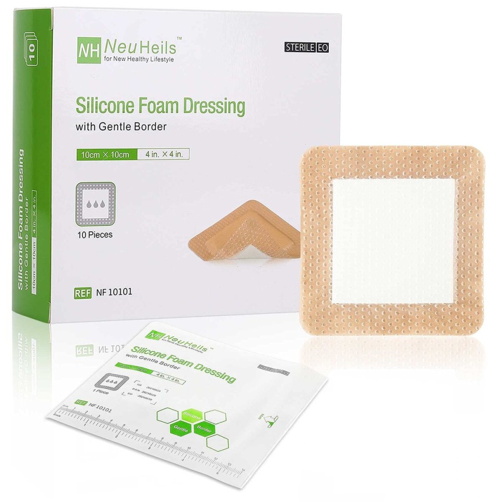 NeuHeils Silicone Adhesive Foam Dressing with Gentle Border 4\'\'x4\'\' for Bed Sore Leg Ulcer 10 Pack, High Absorbency Waterproof Silicone Wound Bandage