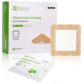 NeuHeils Silicone Adhesive Foam Dressing with Gentle Border 4\'\'x4\'\' for Bed Sore Leg Ulcer 10 Pack, High Absorbency Waterproof Silicone Wound Bandage