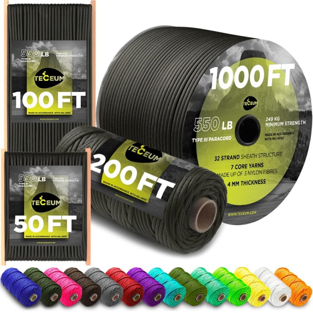 TECEUM Paracord Type III 550 Gun Grey - 1000 ft - 4mm - Tactical Rope MIL-SPEC - Outdoor para Cord -Camping Hiking Fishing Gear and Equipment - EDC Parachute Cord - Strong Survival Rope 073
