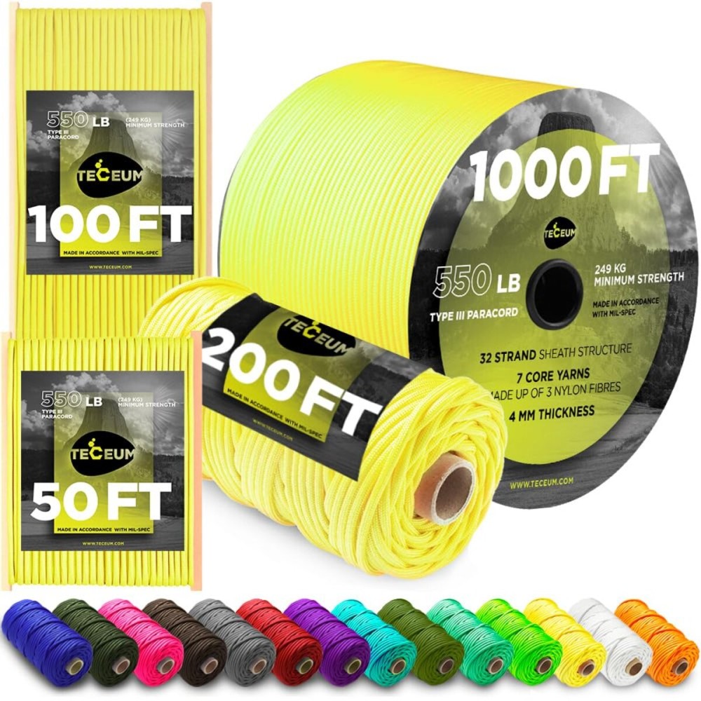 TECEUM Paracord Type III 550 Yellow - 200 ft - 4mm - Tactical Rope MIL-SPEC - Outdoor para Cord -Camping Hiking Fishing Gear and Equipment - EDC Parachute Cord - Strong Survival Rope 019