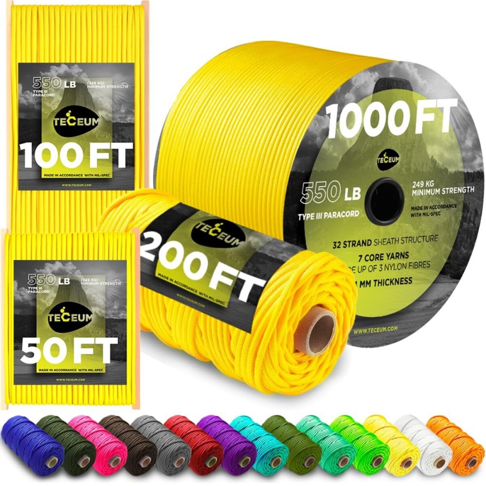 TECEUM Paracord Type III 550 Yellow Pastel - 200 ft - 4mm - Tactical Rope MIL-SPEC - Outdoor para Cord -Camping Hiking Fishing Gear and Equipment - EDC Parachute Cord - Strong Survival Rope 419