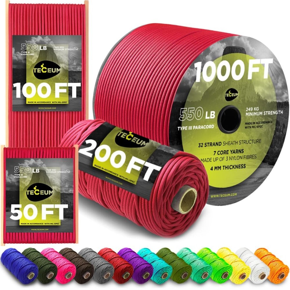 TECEUM Paracord Type III 550 Crimson - 1000 ft - 4mm - Tactical Rope MIL-SPEC - Outdoor para Cord -Camping Hiking Fishing Gear and Equipment - EDC Parachute Cord - Strong Survival Rope 324