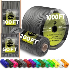 TECEUM Paracord Type III 550 Dark Grey - 200 ft - 4mm - Tactical Rope MIL-SPEC - Outdoor para Cord -Camping Hiking Fishing Gear and Equipment - EDC Parachute Cord - Strong Survival Rope 030