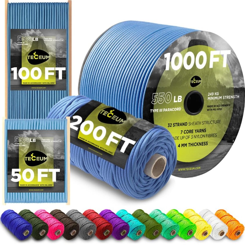 TECEUM Paracord Type III 550 ICY Lake - 200 ft - 4mm - Tactical Rope MIL-SPEC - Outdoor para Cord -Camping Hiking Fishing Gear and Equipment - EDC Parachute Cord - Strong Survival Rope 466