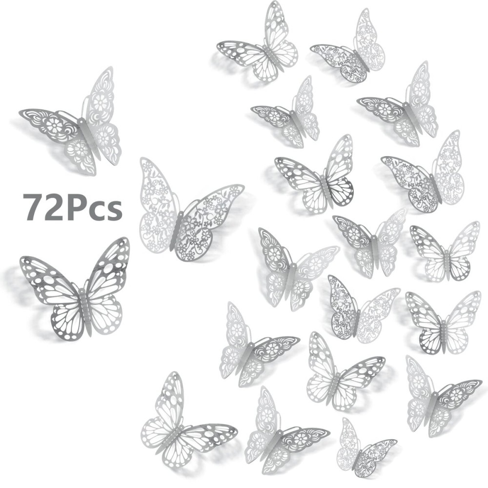 3D Butterfly Wall Stickers, 72Pcs 3 Sizes 3 Styles, Removable Metallic Wall Decals Fridge Sticker Room Mural Decoration for Kids Bedroom Nursery Classroom Party Wedding Decor DIY Gift (Sliver)