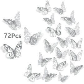3D Butterfly Wall Stickers, 72Pcs 3 Sizes 3 Styles, Removable Metallic Wall Decals Fridge Sticker Room Mural Decoration for Kids Bedroom Nursery Classroom Party Wedding Decor DIY Gift (Sliver)