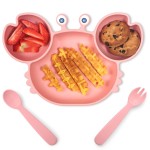 ROCCED Suction Plates for Baby, Silicone Plates with Suction Divided, Baby Spoon Fork Set for Toddler Baby Dishes Kids Utensils-Crab Pink