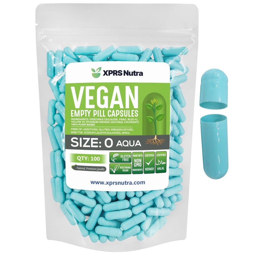 XPRS Nutra Size 0 Empty Capsules - 100 Count Empty Vegan Capsules - Vegetarian Pills - DIY Vegetable Capsule Filling - Veggie Pill Caps for Do-It-Yourself Supplements (Aqua)