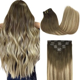 GOO GOO Clip in Hair Extensions Real Human Hair, Remy Human Hair Extensions Clip ins for Women, Natural Human Hair, 22inch 120g 7Pcs, 3/8/613 Balayage Walnut Brown to Ash Brown and Bleach Blonde